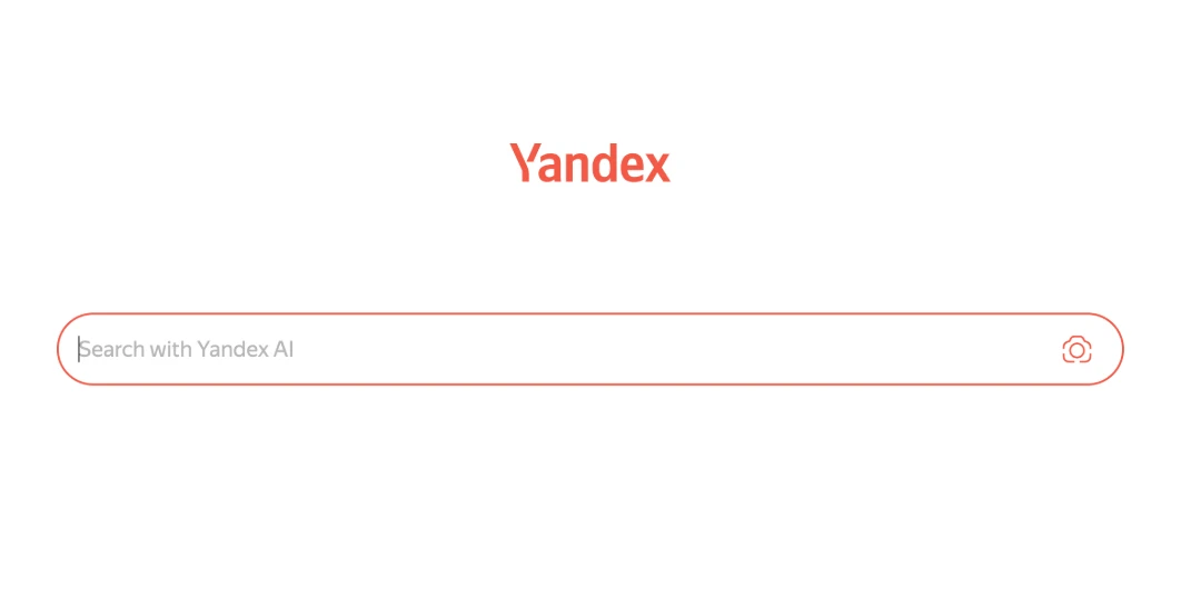 Yandex 国际版搜索首页界面,中央显示 Yandex 标志与搜索框